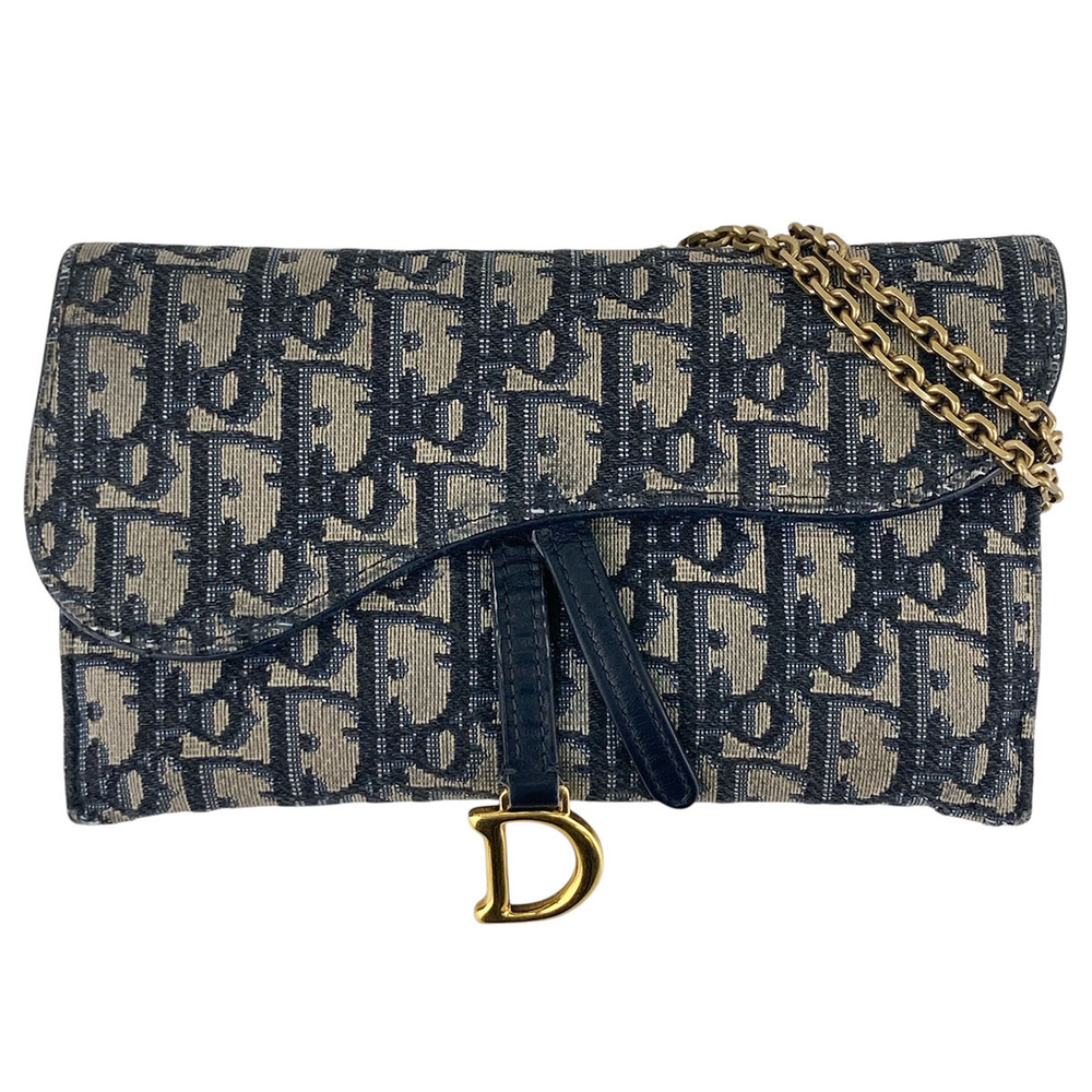 Christian Dior Saddle Chain Clutch Oblique Wallet Shoulder Bag Canvas Navy Blue